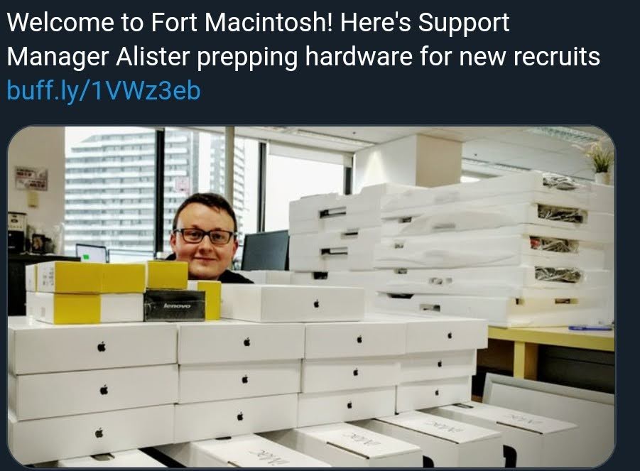 Alister prepping hardware for new recruits at Fort Macintosh